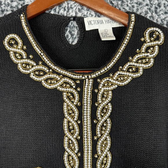 Victoria Harbour Vintage Sweater Black Knit Pullover Beige Gold Bead Design Sz L - Picture 4 of 16